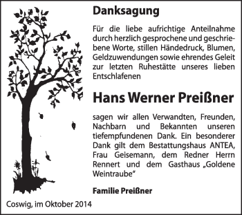 Traueranzeige von Hans Werner Preißner von Super Sonntag Dessau / Köthen