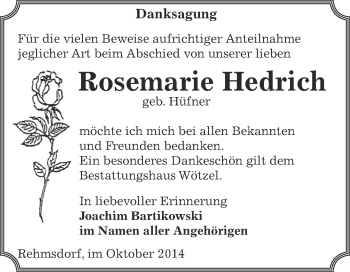 Traueranzeige von Rosemarie Hedrich von Super Sonntag Zeitz