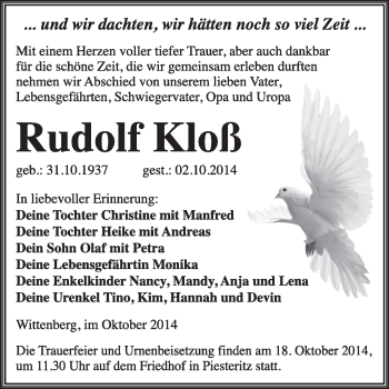 Traueranzeige von Rudolf Kloß von WVG - Wochenspiegel Wittenberg