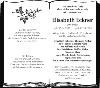 Traueranzeige von Elisabeth Eckner von Super Sonntag Dessau / Köthen