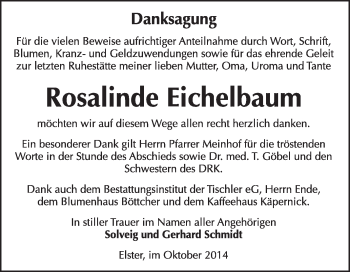 Traueranzeige von Rosalinde Eichelbaum von WVG - Wochenspiegel Wittenberg