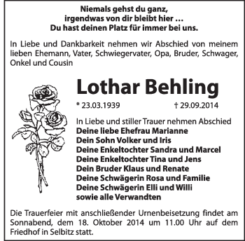 Traueranzeige von Lothar Behling von WVG - Wochenspiegel Wittenberg