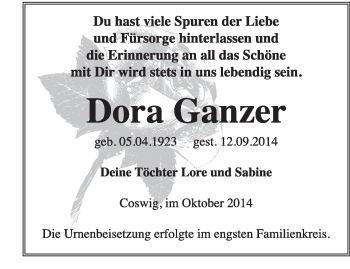 Traueranzeige von Dora Ganzer von Super Sonntag Wittenberg
