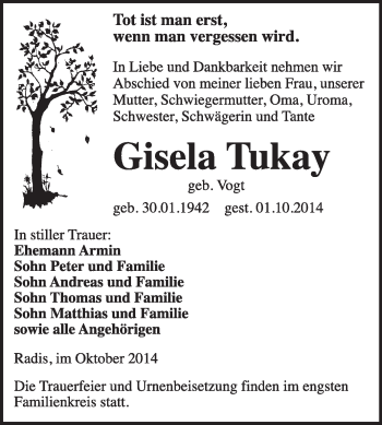 Traueranzeige von Gisela Tukay von WVG - Wochenspiegel Wittenberg