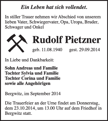 Traueranzeige von Rudolf Pietzner von WVG - Wochenspiegel Wittenberg
