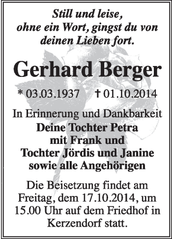 Traueranzeige von Gerhard Berger von Super Sonntag Wittenberg