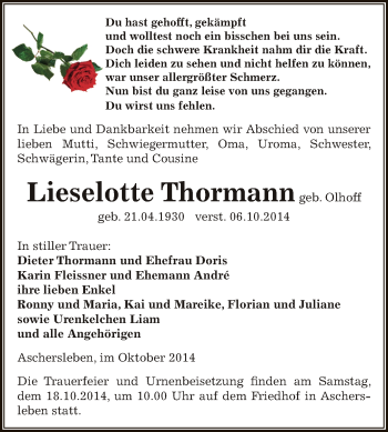 Traueranzeige von Lieselotte Thormann von WVG - Wochenspiegel Aschersleben