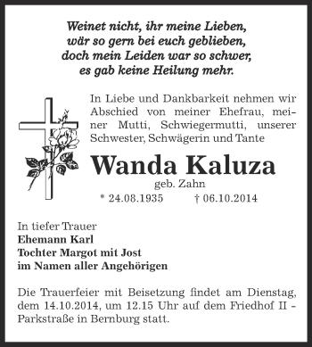 Traueranzeige von Wanda Kaluza von Super Sonntag Bernburg