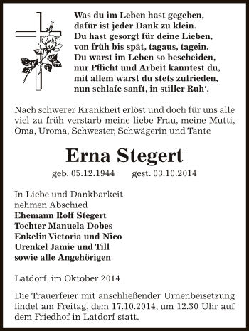 Traueranzeige von Erna Stegert von Super Sonntag Bernburg