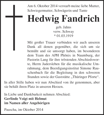 Traueranzeige von Hedwig Fandrich von WVG - Wochenspiegel NMB / WSF / ZTZ