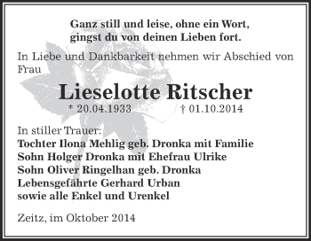 Traueranzeige von Lieselotte Ritscher von Super Sonntag Zeitz