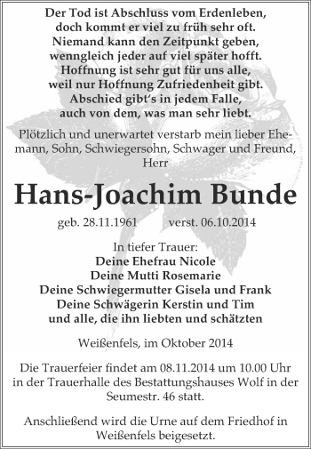Traueranzeige von Hans-Joachim Bunde von WVG - Wochenspiegel NMB / WSF / ZTZ