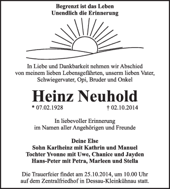 Traueranzeige von Heinz Neuhold von Super Sonntag Dessau / Köthen