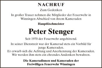 Traueranzeige von Peter Stenger von Super Sonntag Aschersleben