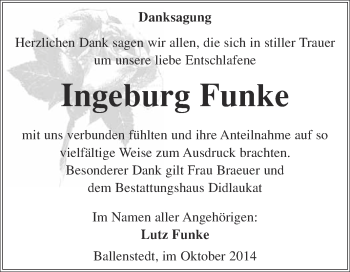 Traueranzeige von Ingeburg Funke von WVG - Wochenspiegel Quedlinburg