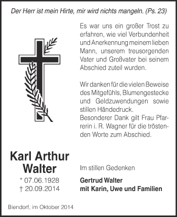 Traueranzeige von Karl Arthur Walter von Super Sonntag Bernburg
