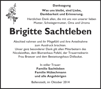 Traueranzeige von Brigitte Sachtleben von WVG - Wochenspiegel Quedlinburg