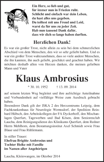 Traueranzeige von Klaus Ambrosius von WVG - Wochenspiegel NMB / WSF / ZTZ