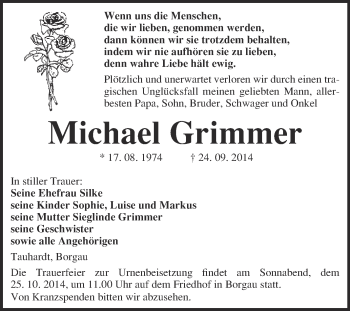 Traueranzeige von Michael Grimmer von WVG - Wochenspiegel NMB / WSF / ZTZ