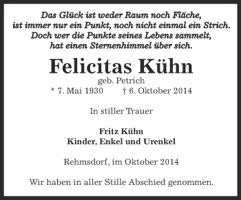 Traueranzeige von Felicitas Kühn von Super Sonntag Zeitz
