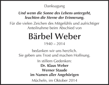 Traueranzeige von Bärbel Weber von WVG - Wochenspiegel Merseburg