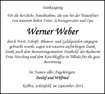 Traueranzeige von Werner Weber von Super Sonntag SGH Mansf. Land