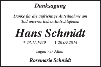 Traueranzeige von Hans Schmidt von Super Sonntag Dessau / Köthen