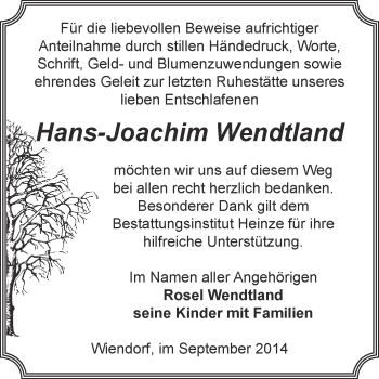 Traueranzeige von Hans-Joachim Wendtland von Super Sonntag Bernburg