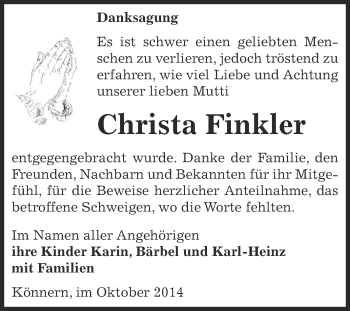 Traueranzeige von Christa Finkler von Super Sonntag Bernburg