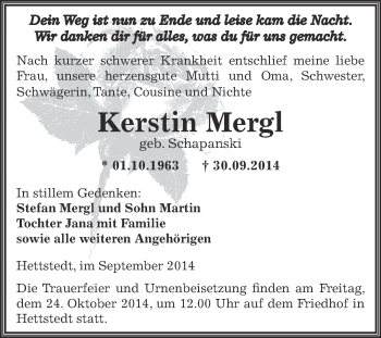 Traueranzeige von Kerstin Mergl von Wochenspiegel Mansfelder Land