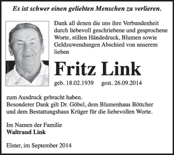 Traueranzeige von Fritz Link von Super Sonntag Wittenberg