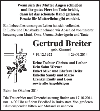 Traueranzeige von Gertrud Breiter von Super Sonntag Wittenberg