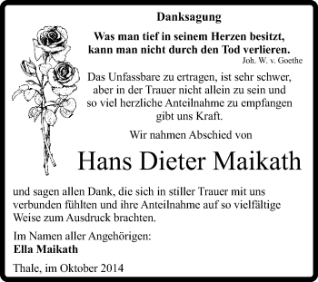 Traueranzeige von Hans Dieter Maikath von Super Sonntag Quedlinburg