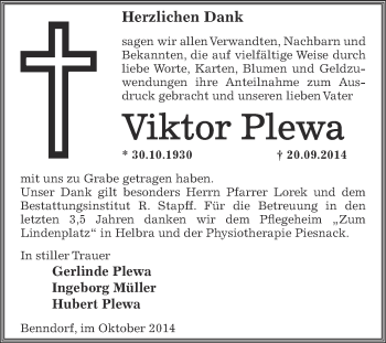Traueranzeige von Viktor Plewa von Wochenspiegel Mansfelder Land