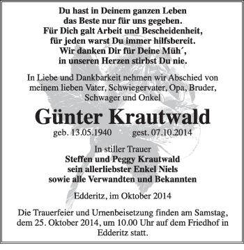 Traueranzeige von Günter Krautwald von Super Sonntag Dessau / Köthen