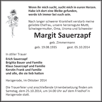 Traueranzeige von Margit Sauerzapf von Super Sonntag Quedlinburg