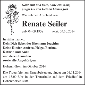 Traueranzeige von Renate Seiler von WVG - Wochenspiegel NMB / WSF / ZTZ