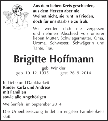 Traueranzeige von Brigitte Hoffmann von WVG - Wochenspiegel NMB / WSF / ZTZ
