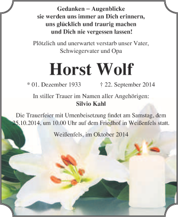 Traueranzeige von Horst Wolf von WVG - Wochenspiegel NMB / WSF / ZTZ