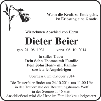 Traueranzeige von Dieter Beier von WVG - Wochenspiegel NMB / WSF / ZTZ