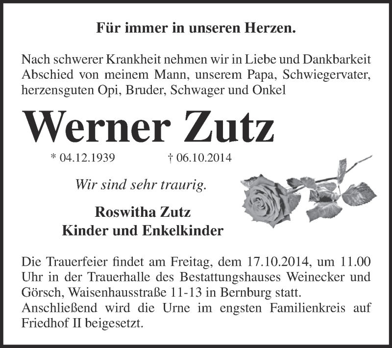  Traueranzeige für Werner Zutz vom 12.10.2014 aus Super Sonntag Bernburg