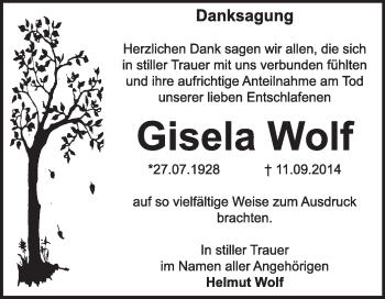 Traueranzeige von Gisela Wolf von Super Sonntag Dessau / Köthen
