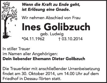 Traueranzeige von Ines Golibzuch von Super Sonntag Dessau / Köthen