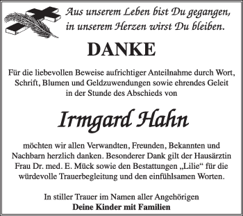 Traueranzeige von Irmgard Hahn von Super Sonntag Dessau / Köthen