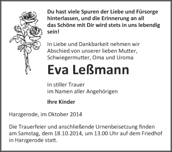 Traueranzeige von Eva Leßmann von Super Sonntag Quedlinburg