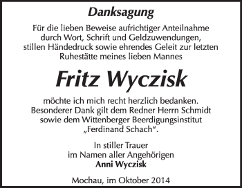 Traueranzeige von Fritz Wyczisk von WVG - Wochenspiegel Wittenberg