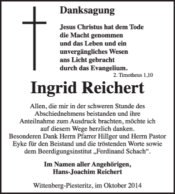 Traueranzeige von Ingrid Reichert von WVG - Wochenspiegel Wittenberg