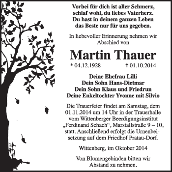 Traueranzeige von Martin Thauer von WVG - Wochenspiegel Wittenberg