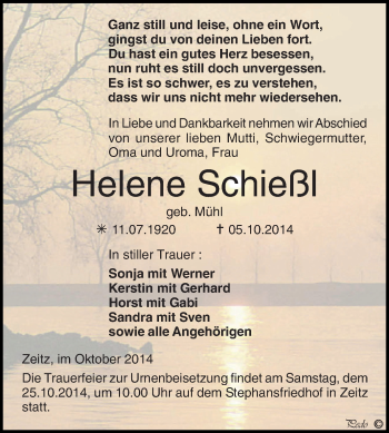 Traueranzeige von Helene Schießl von Super Sonntag Zeitz