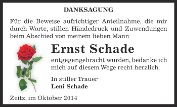 Traueranzeige von Ernst Schade von Super Sonntag Zeitz